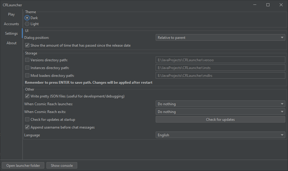 CRLauncher settings page